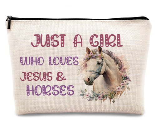 kdqua Horse Gifts for Girls Horses Makeup Bag, Just a Girl Who Loves Horses, Pink Funny Gifts for Horse Lovers women, Cowgirl Equestrian Gifts Linen Cosmetic Bag Zipper Pouch Travel Toiletry Bag
