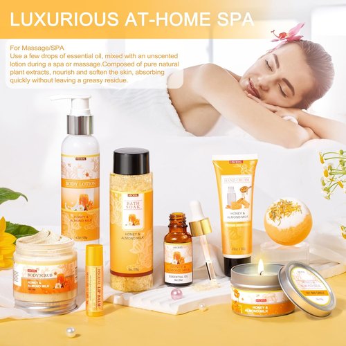 Skiennix 9-Pc Almond Milk & Honey Bath Set - Luxurious Self-Care Spa Gifts for Women | Perfect Birthday Gift