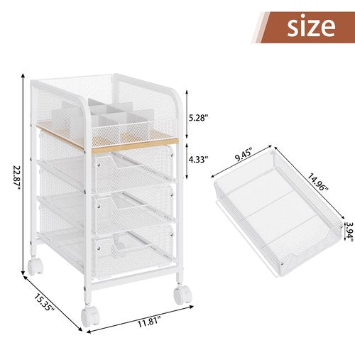 Rolling Makeup Cart Organizer with 3 Drawers, 4-Tier Narrow Floor Skincare Organizers with dividers, Vanity Organizer Cosmetics Display Cases for Makeup Brush, Hair Tool, White