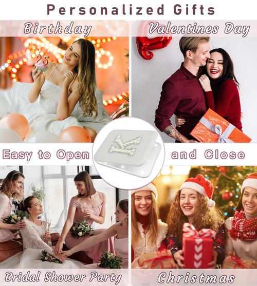 Aganmi Travel Essentials Accessories Personalized LED Pocket Mirror Pearl Letter 1X/2X Magnification Small Travel Makeup Mirror with Lights Folding Compact Mirror for Women Teen Girl White S