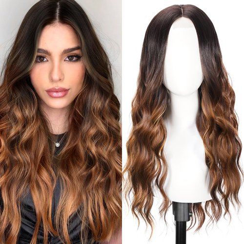 SHINLEA Brown Highlight Wig for Women, 26 Inch Long Wavy Lace Hairline Middle Part Natural Looking Synthetic Heat Resistant Fiber Wigs for Daily, Party, Halloween and Cosplay, Brown Highlight