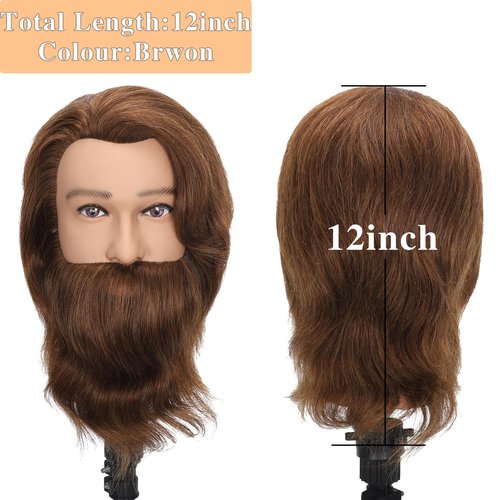 TKIMHEQ 14" Male Mannequin Head with Beard 100% Human Hair Haircut Manikin Head for Cosmetology Straight Thick Hair Doll Head with Human Hair with Stand Practice Cutting Styling (Brown#)