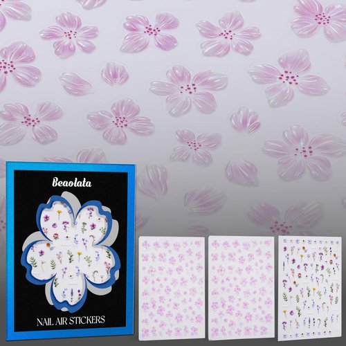 Beaolata Flower Nail Stickers for Nail Art - 3 Sheets 5D Embossed Pink Crystal Petals Leaf Plant Designs Self-Adhesive Nail Decals for Women Manicure Salon Nails Art Decoration