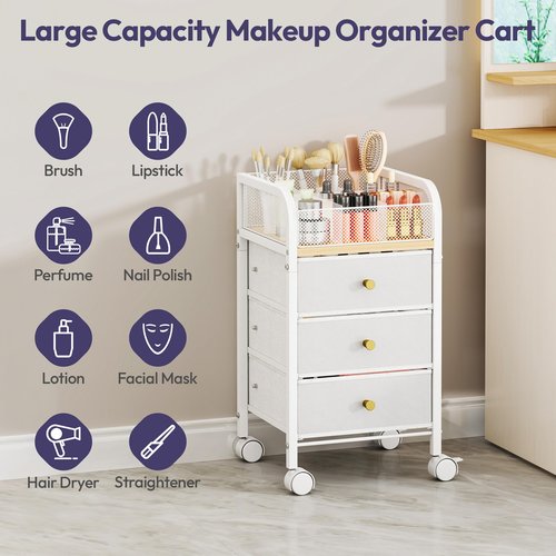 SWTYMIKI Rolling Makeup Organizer Cart - Floor Skincare Make Up Storage with 3 Non-woven Drawers, Vanity Organizer Cosmetic Display Cases Cabinet for Skin Care Perfume Nail Polish Brush Hair Tool