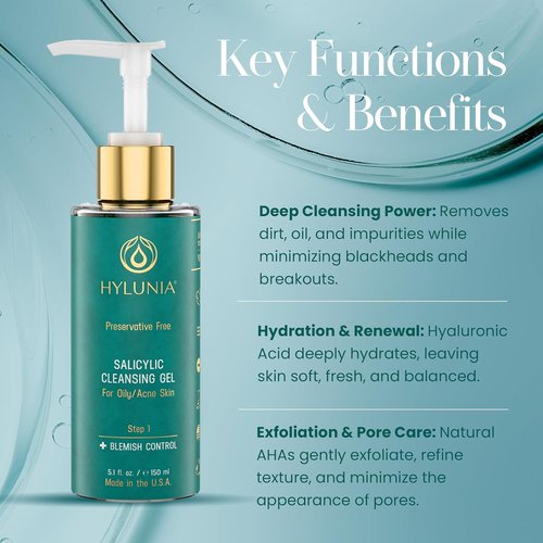 Hylunia Skincare Salicylic Facial Cleansing Gel - Deep Pore Cleanser for Oily Skin, Exfoliates & Hydrates, 5.1 fl. oz.