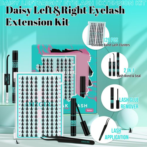 Lash Clusters Kit 128PCS Left & Right Lashes Cluster Kit with Wide Band Eyelash Clusters,White Eyelash Bond and Seal,Lash Remover and Tweezer for Cluster Eyelash Extensions(Daisy,D-12mm)
