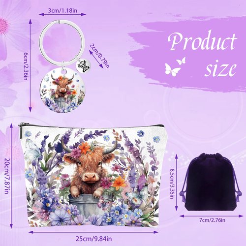 Luvsweets Highland Cow Gifts for Women - Spring Highland Cow Floral Makeup Bag and Cute Cattle Keychain, Western Gifts for Animal Lovers, Christmas Birthday Present for Friends Sister Mom