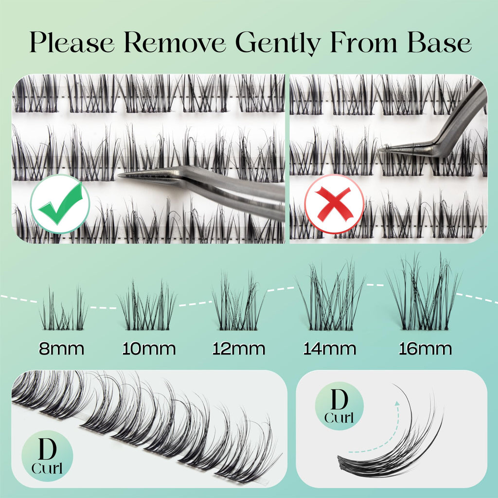 VYRILA Lash Clusters Kit 0.05mm Individual Lashes, 3D Wispy Lashes, 0.1mm Super Thin Band Resuable Natural Lashes,D Curl Faux Mink Lashes,120pcs Lash Extension (Green Charm-D-0.05-8-16mix-Kit)