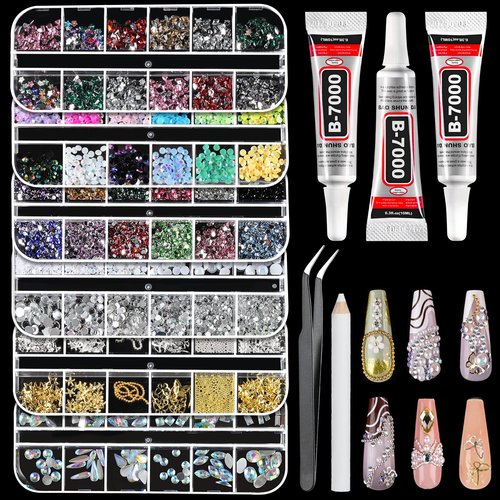 Tucepu Nail Charms and Gems Stuff, Nail Art Design Kit with 6 Boxes Rhinestones for Nails, 3D Colorful Flatback Jewelry Accessories, Bedazzling kit Suplies with Glue for Gifts