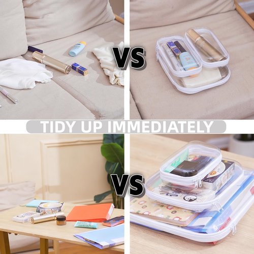 3PCS Clear Hard Plastic Zipper Case, Double Zippers Hard Pouch, Portable Travel Organizer Bin Clear Makeup Bag for Toy Storage, Snack Bag, Cosmetics, Pencil Case, Diaper Bag, Toiletry Bag (3PCS-M)