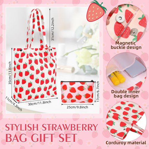 Bulyoou Strawberry Gift Set, Included 16oz Glass Cups with Lids and Straws Waterproof Travel Bag Pouch Strawberry Makeup Bag and Corduroy Tote for Women Christmas Birthday Mothers Day