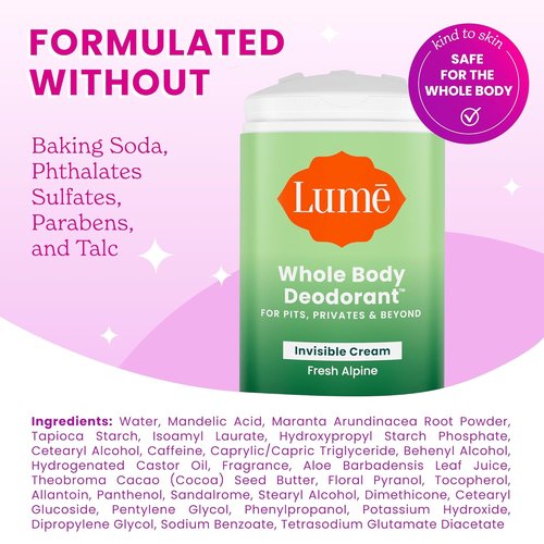 Lume Whole Body Deodorant - Invisible Cream Stick for 72-Hour Odor Control - Aluminum & Baking Soda Free - 2.2 Ounce (Pack of 2) | Fresh Alpine