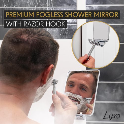 Luxo Shower Mirror, Shower Mirror fogless for Shaving with a Removable Razor Holder - Shaving Mirror for Shower with a Powerful Suction Cup - Shatterproof fogless Mirror for Shower (Chrome)