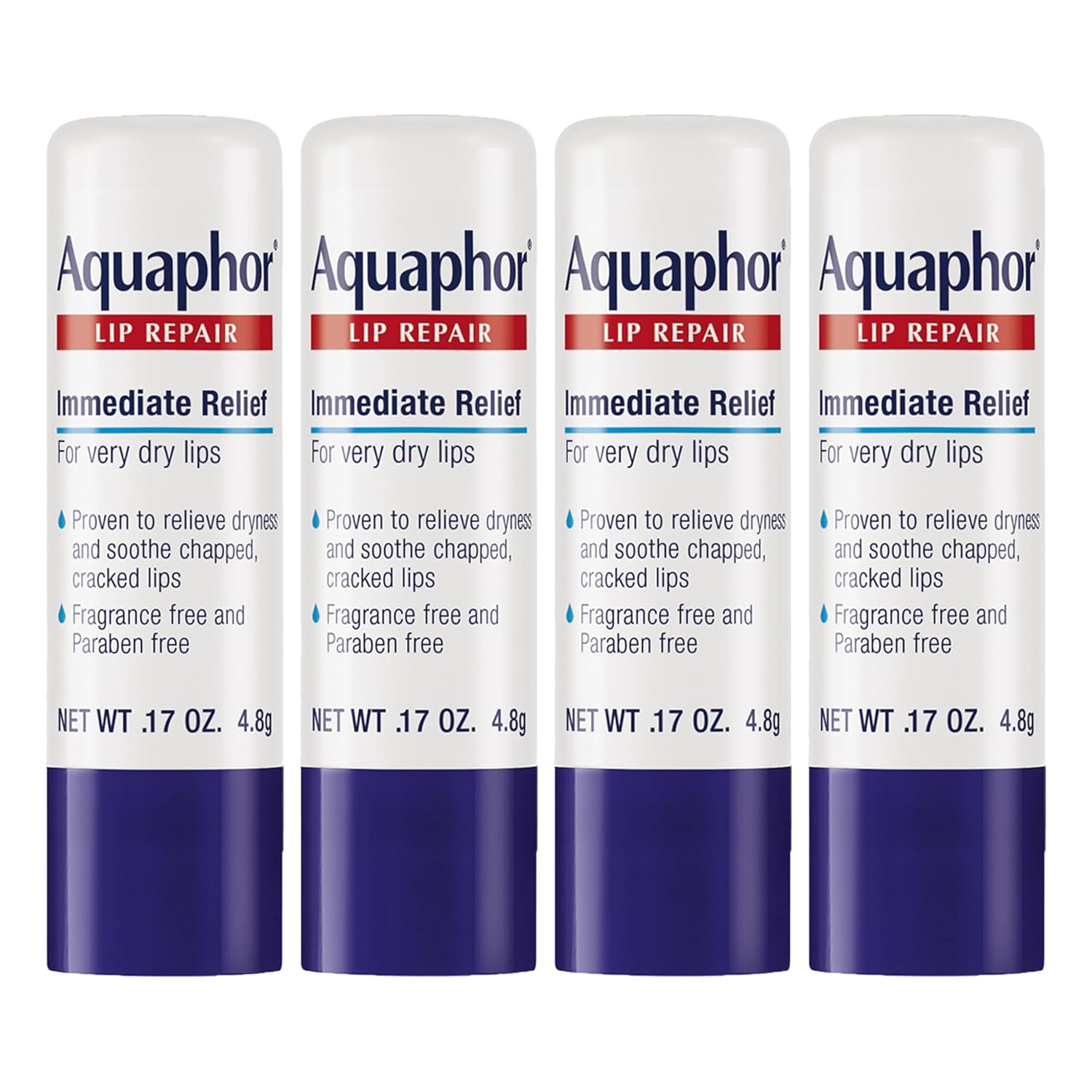 Aquaphor Lip Repair Stick - Moisturizing Lip Balm with Jojoba Oil & Shea Butter | Fragrance-Free, 0.17 Oz, Pack of 4
