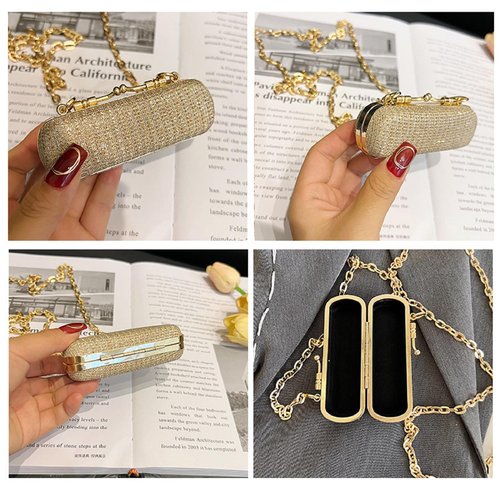 MIAO JIN Mini Crystal Lipstick Case Bling Rhinestone Cosmetic Storage bag with Metal chain Lipstick Storage Holder Makeup jewelry case