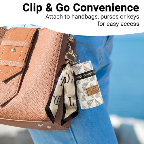 Adorila 2-Pack Zippered Lipstick Case Keychain with Scarf Charm, Mini Vegan Leather Lip Gloss Pouch for Purse (Brown+White)
