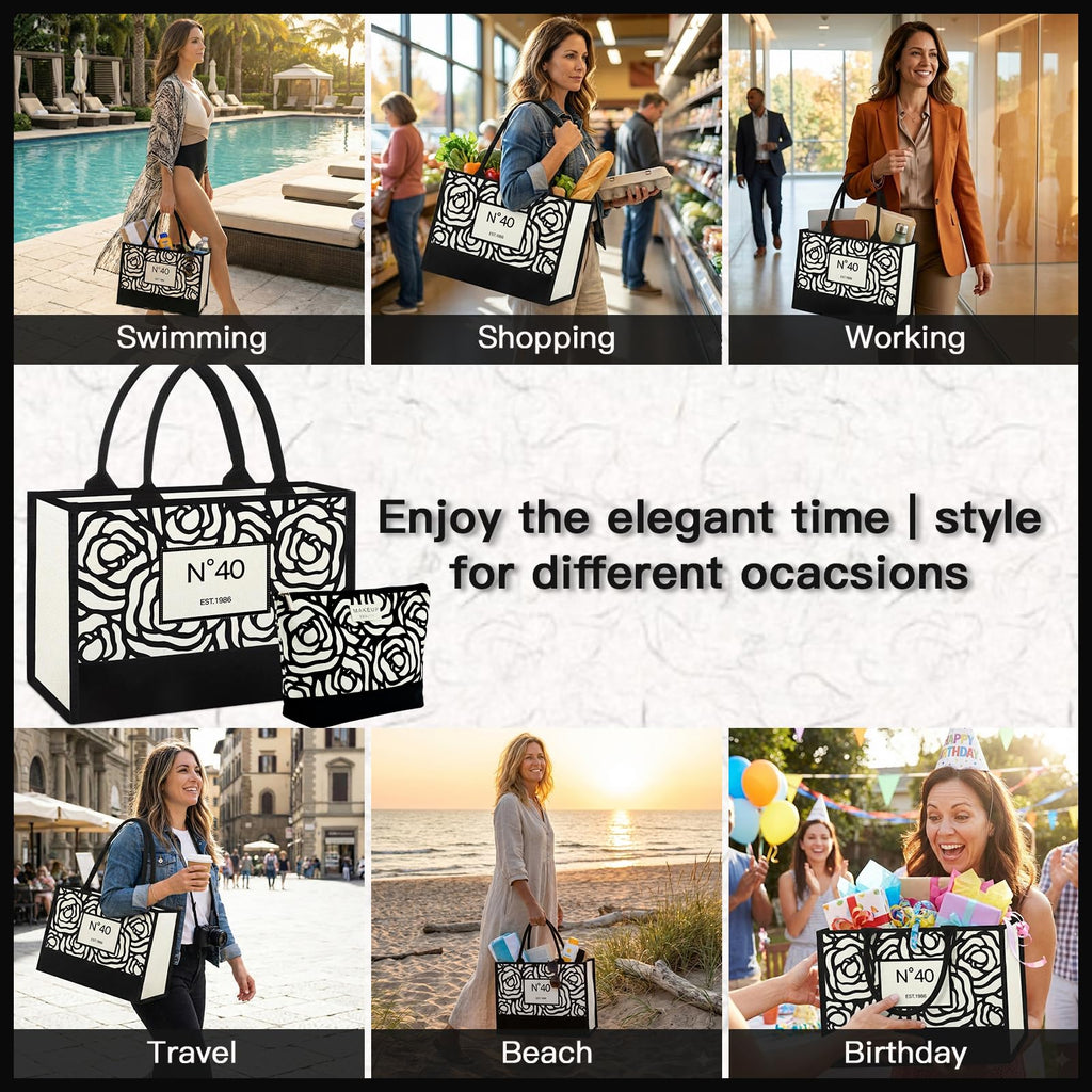 Vintacicle 40th Birthday Gifts for Women Her - Elegant Floral Canvas Tote Bag with Stylish Makeup Bag (40th)