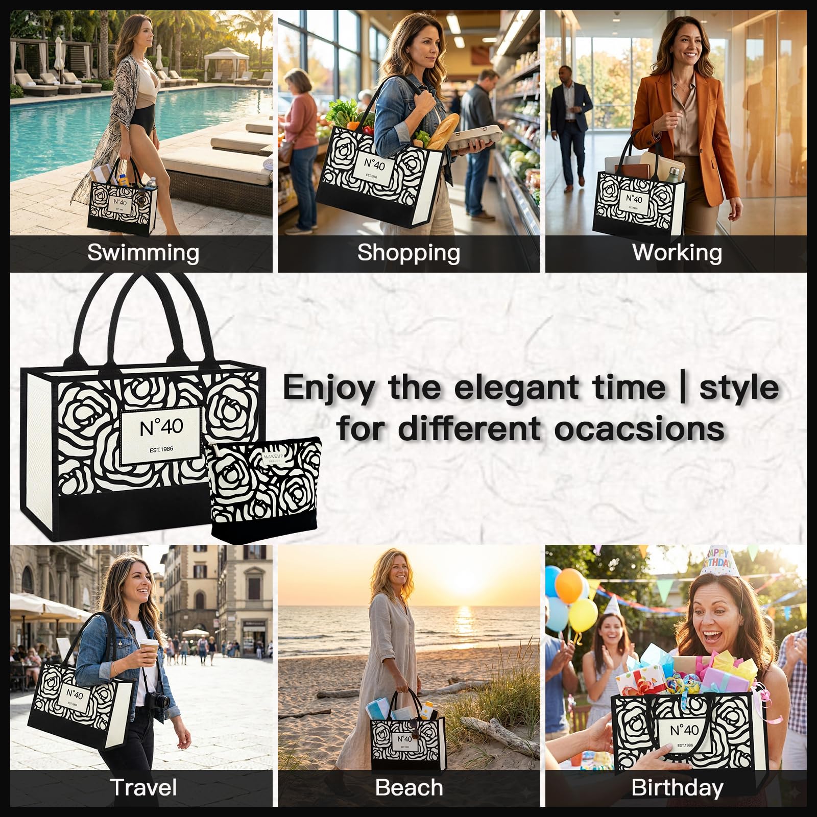 Vintacicle 40th Birthday Gifts for Women Her - Elegant Floral Canvas Tote Bag with Stylish Makeup Bag (40th)