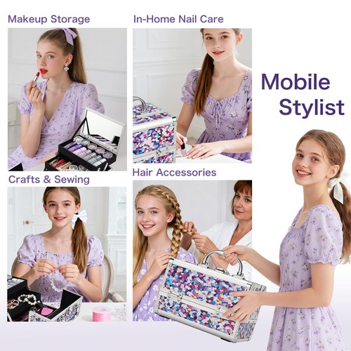 FRENESSA Makeup Train Case Makeup Box Organizer Portable Cosmetic Travel Case Makeup Case with Mirror Locking Make Up Cases Organizers and Storage for Nail Supplies Hard Cosmetic Box Purple