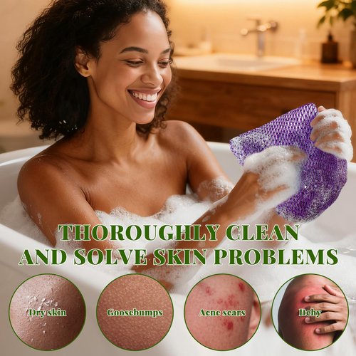 African Net Sponge Authentic, 3 Pieces Exfoliating Scrubber Bath Sponge for All Skin Types, Back Scrubber Loofah Washcloth for Shower, Gentle Exfoliation (Brown,Purple,Black)