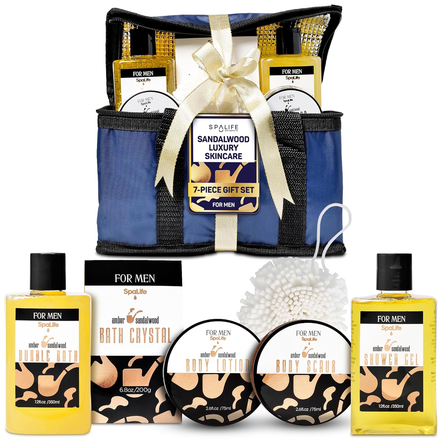 SpaLife Luxury Spa Sandalwood Gift Set for Men - 7-Piece Body Wash & Exfoliating Bundle