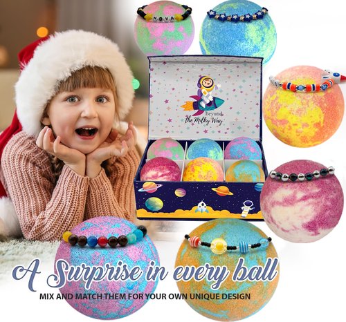 Bath Bombs for Kids with Surprise Inside, Bath Bombs with Surprise Jewelry & Jewelry Box - Organic, Skin Moisturizing, Natural Kids Space Galaxy Bracelets, Valentines Day Gifts for Boys, Girls