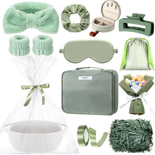 Kacctyen Get Well Soon Gift Basket for Women Sage Green Birthday Gift Box Self Care Package Include Woven Basket Makeup Bag Sleep Mask Jewelry Box and More for Women Mom Wife Friends Sister