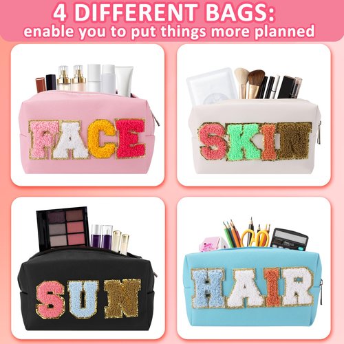 LYOOmaLL 4 Pcs Chenille Letter Preppy Patches Makeup Bag with Zipper PU Leather Waterproof Stoney Clover Makeup Bag Hair Skin Face Stuff Bag for Women, Girls