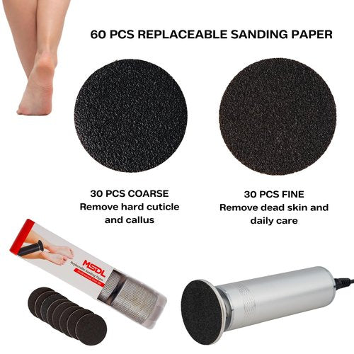 MSDL High Power Electric Foot Callus Remover, 2025 Upgrade with 100-inch Extra-Long Cord and 60 Replaceable Sandpaper Discs, Electric Foot File for Cracked Heels and Dead Skin, Silver