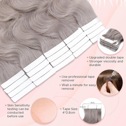 SEGOHAIR Wavy Tape In Hair Extensions Real Human Hair with Double-Sided Adhesive Professional Hair Extensions for Women 20pcs Body Wave 14 Inches Grey