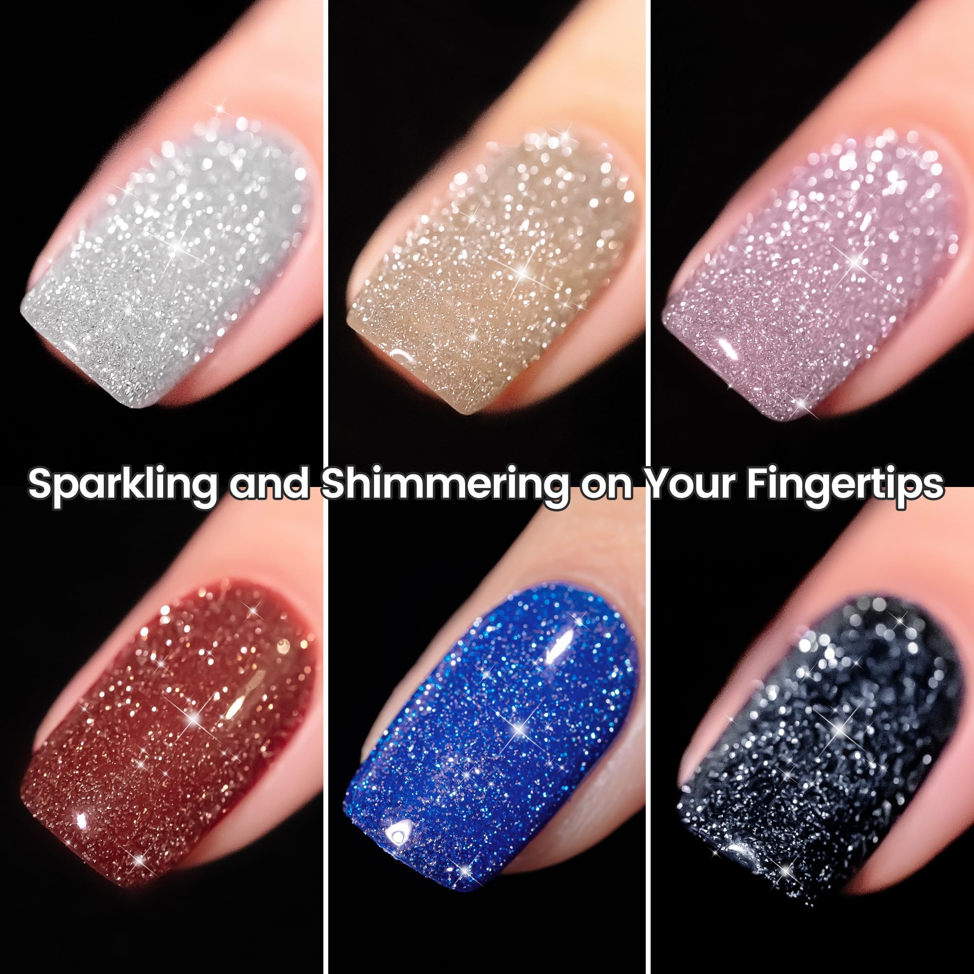YTD Likomey Reflective Glitter Gel Nail Polish with Base Coat and Top Coat Set,Fall Winter Falsh 6 Colors Shimmer Black Silver Pink Blue Red Gold Diamond Sparkle UV Color Varnish Kit,8 Pcs 7.5 ml