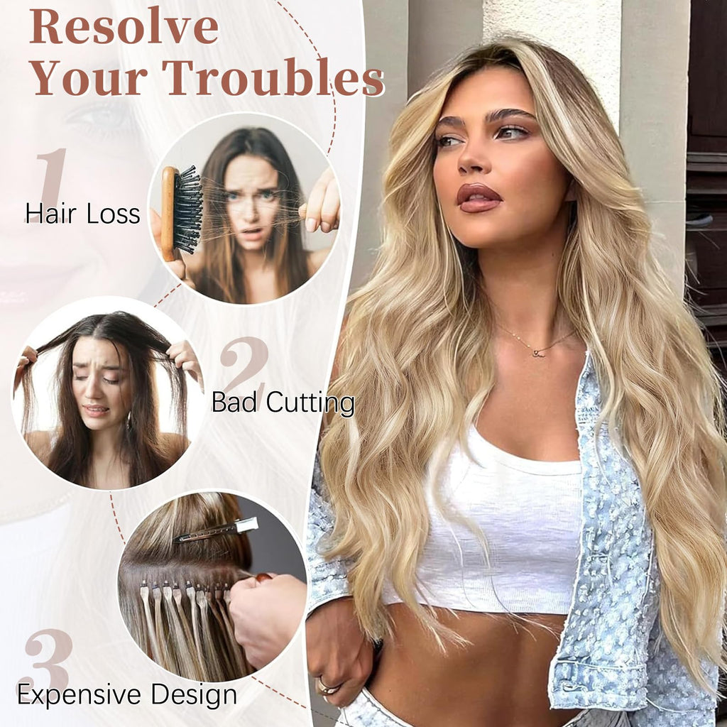 XIXIBI Long Blonde Wig Blond Wavy Wig for Women Beach Blonde Highlight Middle Part Wigs with Dark Root Synthetic Heat Resistant Natural Hair Wig for Daily Party