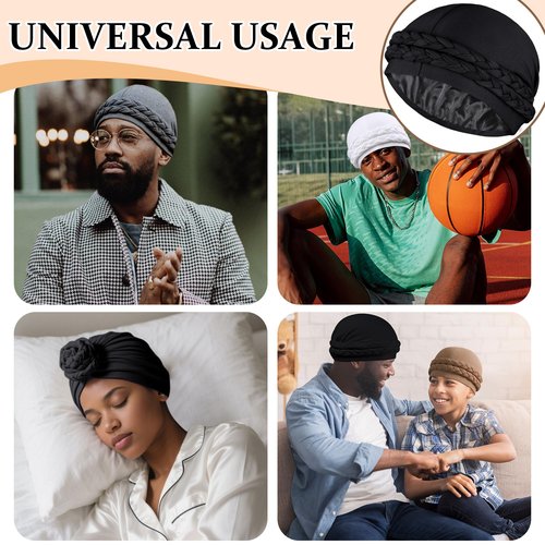 Ababalaya Silky Satin Lined Turban for Women Mens Halo Turban PRE-Tied Beanie Hats Silky Lined Durag for Waves Sleeping Bonnet Sleep Cap, Black