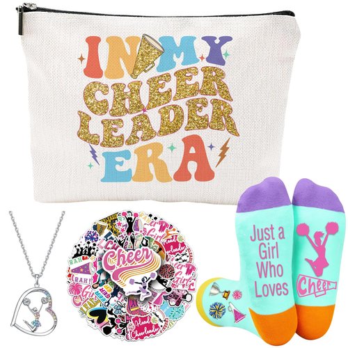 FJHAIY Cheerleader Gifts Set Including Makeup Bag, Necklace, Socks, Stickers - Cheerleading Lovers Gift for Women