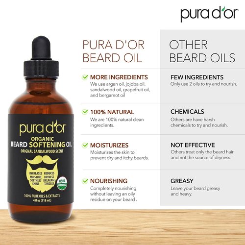 PURA D'OR Organic Beard Softening Oil - Original Sandalwood Scent - Leave-In Conditioner for Softness & Strength - 4 Oz
