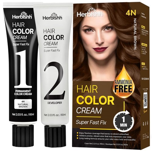 Herbishh Korean Hair Dye Cream & Developer - Ammonia-Free Permanent Color for Gray Coverage | Natural Brown (2.03 fl oz Each)