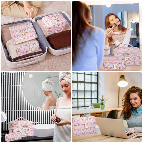 Junesters Personalized Initial Makeup Bag Set, Quilted Makeup Bag, Large Floral Cosmetic Bag for Women, Cute Cotton Custom Make up Bags, Flower Travel Toiletry Bag Teen Girl Gift Trendy Stuff Gift M