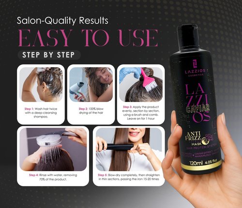 Lazzios Caviar Organic Hair Protein – Brazilian Professional Straightening & Smoothing Treatment – Formaldehyde-Free Formula with No Toxic Acids, Hyaluronic Acid, Keratin, Caviar & Argan Oil – 120 ml