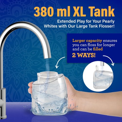 GuruNanda Water Dental Flosser 2.0 XL – 380ML Large Tank, 4 Flossing Modes, Cordless & Portable with Smart Timer for Deep Cleaning & Happy Gums - White