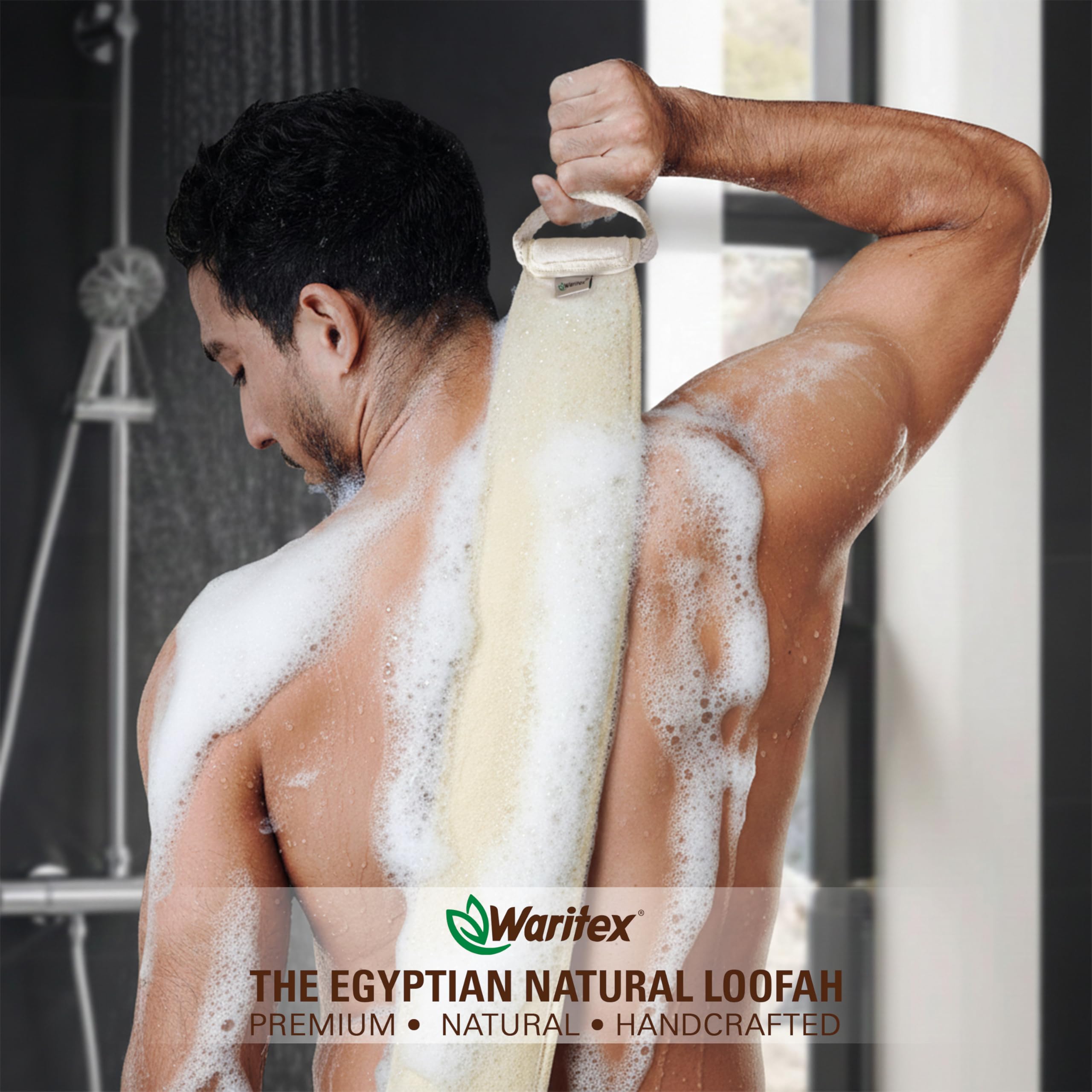 Waritex Natural Egyptian Loofah Back Scrubber for Shower, Extra-Long Exfoliating Strap Made with Natural Egyptian Loofah Fibers, Deep Cleaning Body Sponge for Men and Women – Soft Cotton Handles