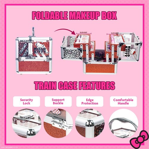Hello Kitty Train Case Cosmetic Makeup Set Includes Lip Gloss, Eye Shimmer, Nail Polish, Hair Accessories & More! For Girls, Ages 6+ Perfect for Parties & Makeovers by Townley Girl