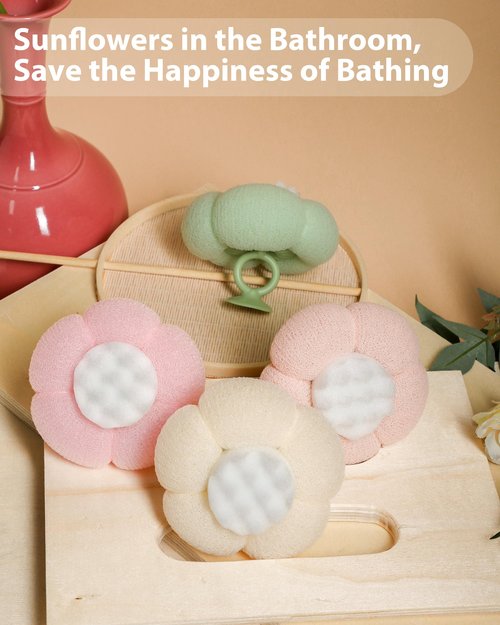 2026 Super Soft Flower-Shaped Suction Cup Bath Sponge, Upgraded 2-in-1 Flower-Shaped Ball Exfoliating Bath loofah Cleaning Brush, Mesh Shower Body Sponge Accessories for Women, Men Shower (4 Color)