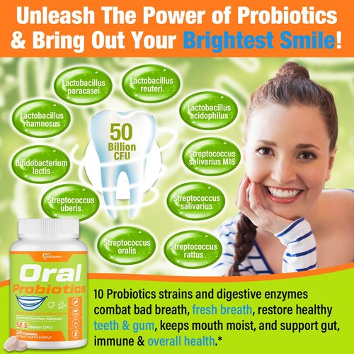 Oral Probiotics for Mouth Bad Breath Treatment for Adults, 50 Billion CFU, 19-in-1 Advanced Dental Probiotic for Teeth & Gum Restore, Fresh Breath, Dry Mouth, Gut & Overall Health - 120 Tablets