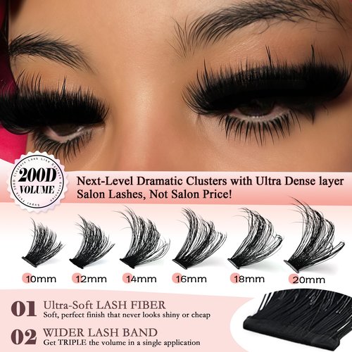 Lash Clusters 10-20mm Thick 200D Cluster Eyelash Extensions 224 Pcs D Curly Volume Eyelash Clusters 3D Mega Long Lash Clusters False Eyelashes DIY at Home, by Anforlin