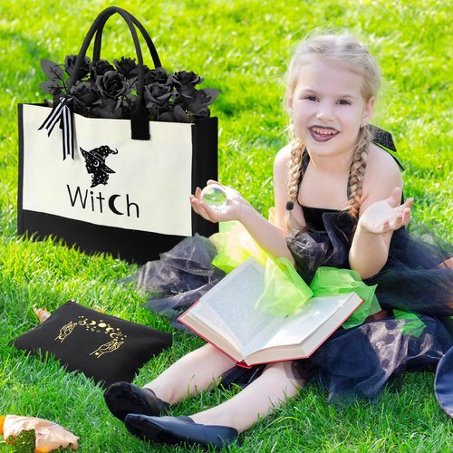 Abbylike 2 Pcs Halloween Canvas Tote Bag for Women Moon Witch Zipper Pouch Bag Goth Makeup Bag Witch Witchy Stuff Embroidery Shopping Handbag Gift for Coven Beginners Tarot Card