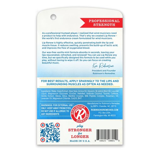 Robinson's Remedies Lip Renew Endurance Cream for Wind Musicians (15ml cosmetic tip airless bottle)
