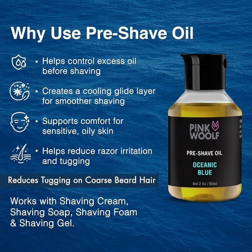Pink Woolf Pre Shave Oil for Men - Oceanic Blue Shaving Oil for Smooth Razor Glide - 2 Fl Oz