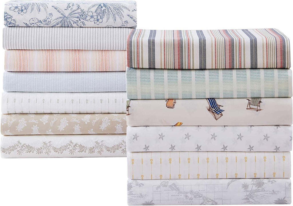 Tommy Bahama King Size Sheet Set - Crisp Cooling Cotton Percale with Matching Pillowcases & Fitted Sheet | Pen and Ink Palm Blue