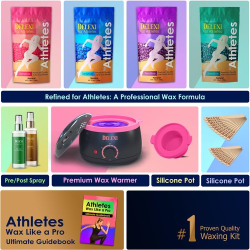 DELEXI Athlete Waxing Kit – Heavy-Duty Hair Removal System for Cyclists, Swimmers & Bodybuilders – 41-Piece Grooming Set (Includes 5 Wax Packs + Pre/Post Sprays) – Painless for Coarse Back & Leg Hair