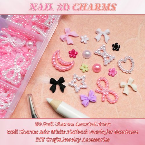 LoveOurHome 3D Star Moon Heart Bow Charms Nail Decorations Kit - Bow-Knot Floral Nail Studs Rhinestone Pink White Pearl Beads Acrylic Nail Design Jewelry Supplies with Tweezer